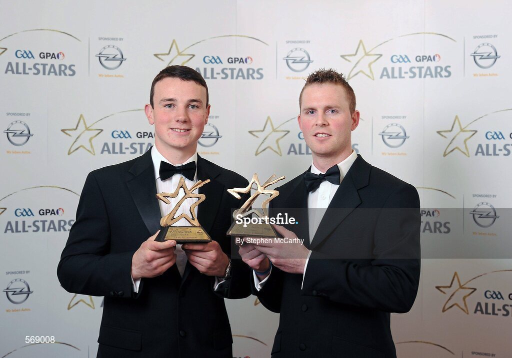21 October 2011; Dublin hurlers Liam Rushe, left, and Gary Maguire with their GAA GPA All-Star Hurling awards at the GAA GPA All-Star Awards 2011 sponsored by Opel. National Convention Centre, Dublin. Picture credit: Stephen McCarthy / SPORTSFILE