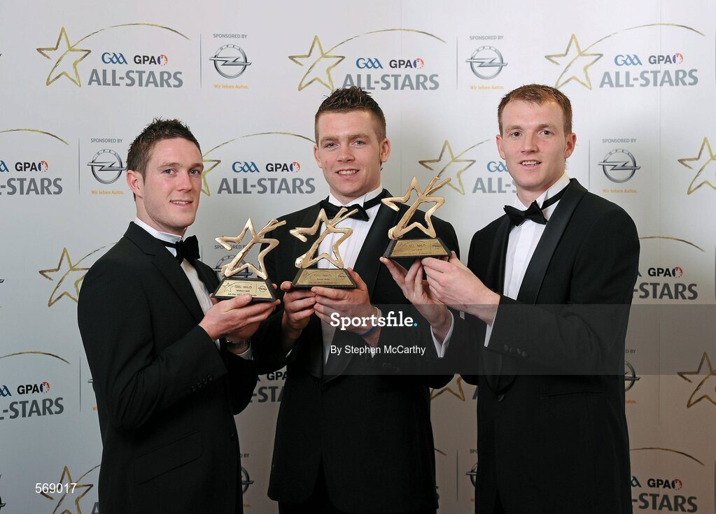 21 October 2011; Tipperary and Thurles Sarsfields hurlers, from left, Michael Cahill, Pádraic Maher and Lar Corbett with their GAA GPA All-Star Hurling awards at the GAA GPA All-Star Awards 2011 sponsored by Opel. National Convention Centre, Dublin. Picture credit: Stephen McCarthy / SPORTSFILE