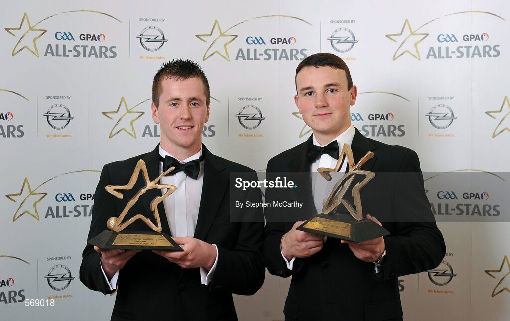 21 October 2011; GAA GPA All-Star Young Footballer of the Year Cillian O'Connor, Mayo, left, and GAA GPA All-Star Young Hurler of the Year Liam Rushe, Dublin, at the GAA GPA All-Star Awards 2011 sponsored by Opel. National Convention Centre, Dublin. Picture credit: Stephen McCarthy / SPORTSFILE