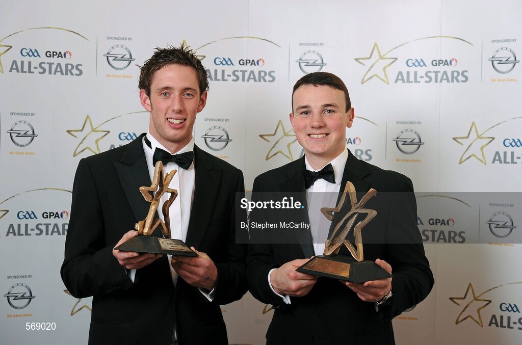 21 October 2011; GAA GPA All-Star Hurler of the Year Micheal Fennelly, Kilkenny, left, and GAA GPA All-Star Young Hurler of the Year Liam Rushe, Dublin, at the GAA GPA All-Star Awards 2011 sponsored by Opel. National Convention Centre, Dublin. Picture credit: Stephen McCarthy / SPORTSFILE