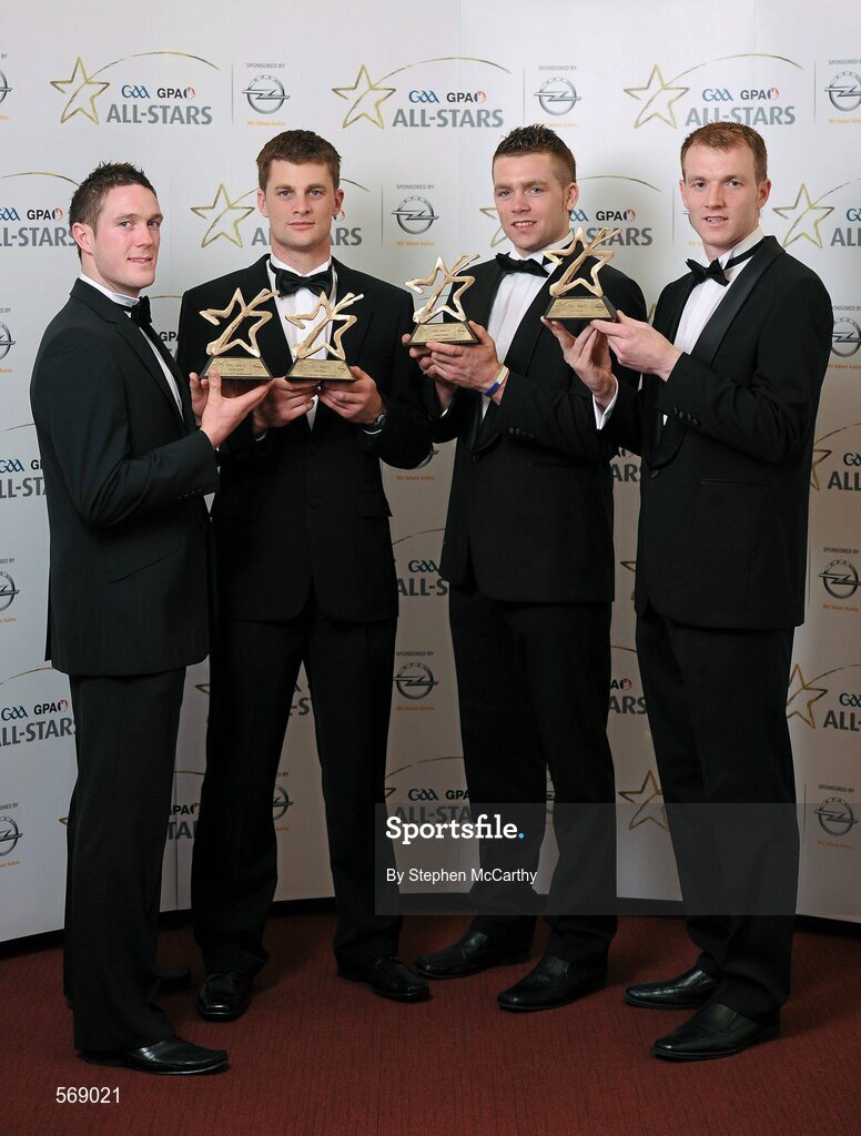 21 October 2011; Tipperary hurlers, from left, Michael Cahill, Paul Curran, Pádraic Maher and Lar Corbett with their GAA GPA All-Star Hurling awards at the GAA GPA All-Star Awards 2011 sponsored by Opel. National Convention Centre, Dublin. Picture credit: Stephen McCarthy / SPORTSFILE