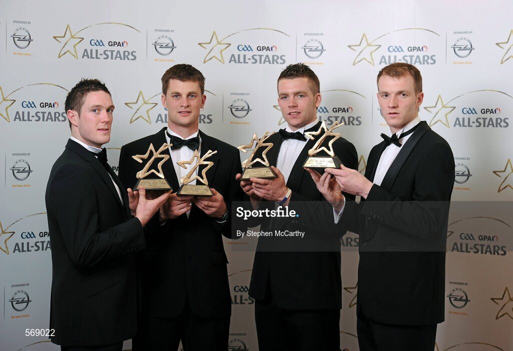 21 October 2011; Tipperary hurlers, from left, Michael Cahill, Paul Curran, Pádraic Maher and Lar Corbett with their GAA GPA All-Star Hurling awards at the GAA GPA All-Star Awards 2011 sponsored by Opel. National Convention Centre, Dublin. Picture credit: Stephen McCarthy / SPORTSFILE