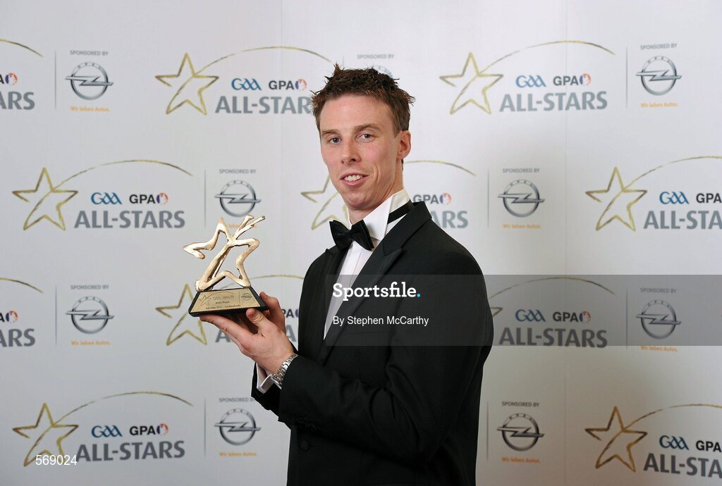 21 October 2011; Brian Hogan, Kilkenny, with his GAA GPA All-Star Hurling award at the GAA GPA All-Star Awards 2011 sponsored by Opel. National Convention Centre, Dublin. Picture credit: Stephen McCarthy / SPORTSFILE