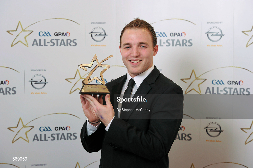 21 October 2011; Darran O'Sullivan, Kerry, with his GAA GPA All-Star Football award at the GAA GPA All-Star Awards 2011 sponsored by Opel. National Convention Centre, Dublin. Picture credit: Stephen McCarthy / SPORTSFILE