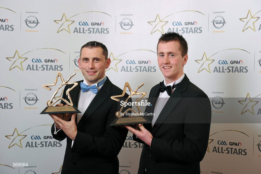 21 October 2011; GAA GPA All-Star Footballer of the Year Alan Brogan, Dublin, and GAA GPA All-Star Young Footballer of the Year Cillian O'Connor, Mayo, at the GAA GPA All-Star Awards 2011 sponsored by Opel. National Convention Centre, Dublin. Picture credit: Stephen McCarthy / SPORTSFILE
