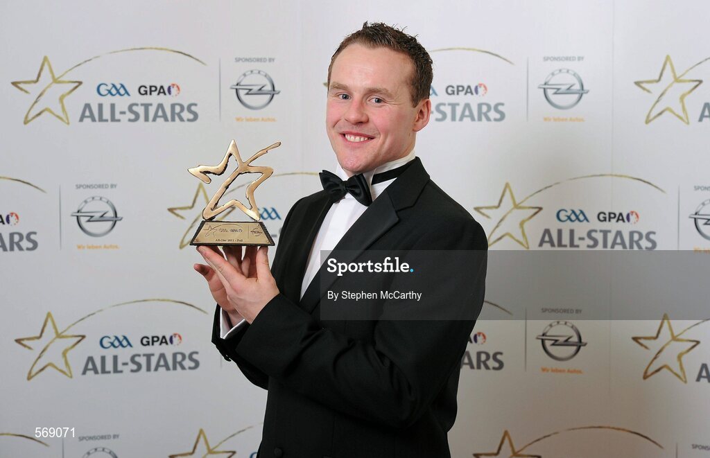 21 October 2011; Andy Moran, Mayo, with his GAA GPA All-Star Football award at the GAA GPA All-Star Awards 2011 sponsored by Opel. National Convention Centre, Dublin. Picture credit: Stephen McCarthy / SPORTSFILE