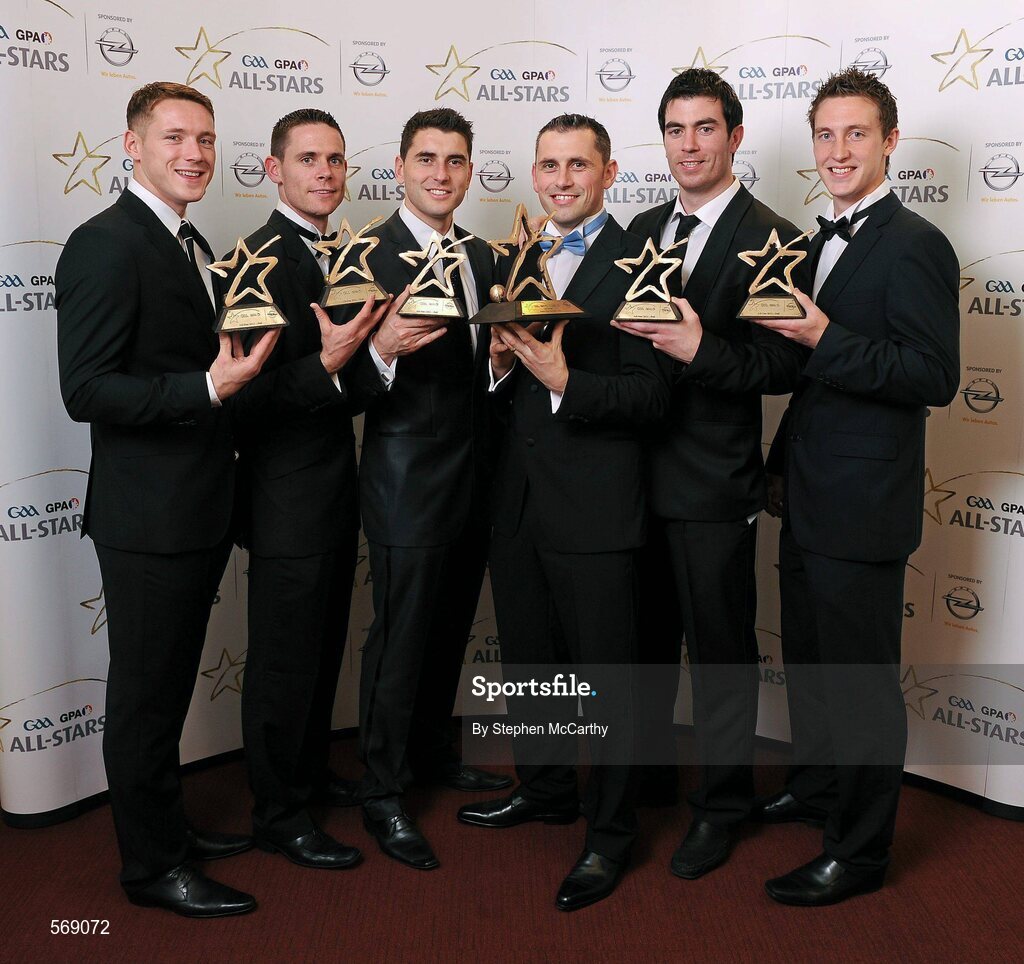 21 October 2011; Dublin footballers with their awards, from left, Paul Flynn, Stephen Cluxton, Bernard Brogan, GAA GPA All-Star Footballer of the Year Alan Brogan, Michael Darragh MacAuley and Kevin Nolan at the GAA GPA All-Star Awards 2011 sponsored by Opel. National Convention Centre, Dublin. Picture credit: Stephen McCarthy / SPORTSFILE
