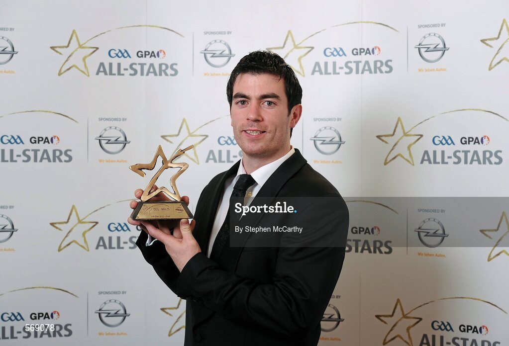 21 October 2011; Michael Darragh MacAuley, Dublin, with his GAA GPA All-Star Football award at the GAA GPA All-Star Awards 2011 sponsored by Opel. National Convention Centre, Dublin. Picture credit: Stephen McCarthy / SPORTSFILE