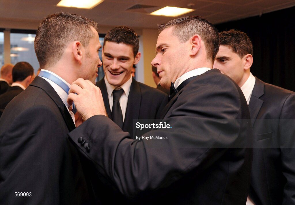 21 October 2011; Dublin footballer Alan Brogan has his bow tie adjusted by team-mate Stephen Cluxton, watched by Diarmuid Connolly and Bernard Brogan, at the GAA GPA All-Star Awards 2011 sponsored by Opel. National Convention Centre, Dublin. Picture credit: Ray McManus / SPORTSFILE