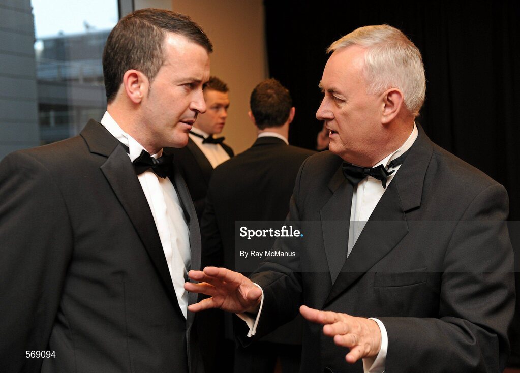 21 October 2011; Uachtarán CLG Criostóir Ó Cuana in conversation with Donal Og Cusack, Chairman of the Gaelic Players Association, at the GAA GPA All-Star Awards 2011 sponsored by Opel. National Convention Centre, Dublin. Picture credit: Ray McManus / SPORTSFILE