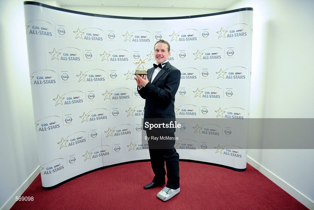 21 October 2011; Andy Moran, Mayo, with his GAA GPA All-Star Football award at the GAA GPA All-Star Awards 2011 sponsored by Opel. National Convention Centre, Dublin. Picture credit: Ray McManus / SPORTSFILE