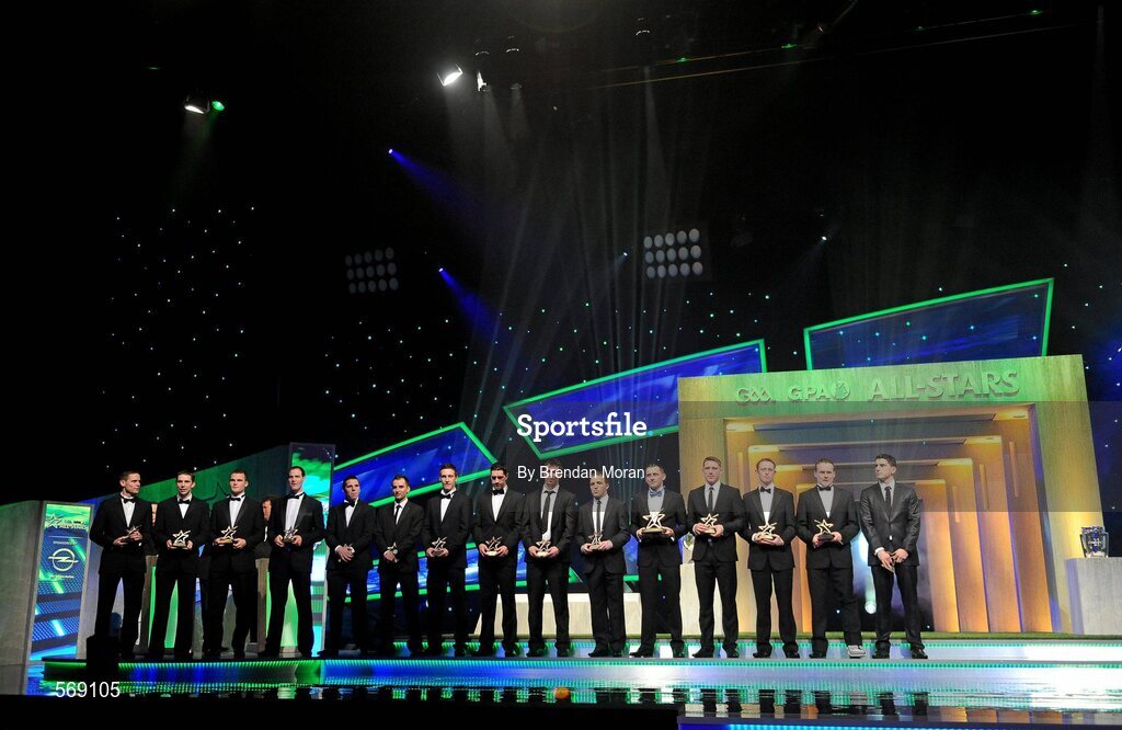 21 October 2011;The 2011 GAA GPA All-Star Football Team of the Year, from left, Stephen Cluxton, Dublin, Neil McGee, Donegal, Michael Foley, Kildare, Kevin Cassidy, Donegal, Karl Lacey, Donegal, Kevin Nolan, Dublin, Bryan Sheehan, Kerry, Michael Darragh Macauley, Dublin, Darran O'Sullivan, Kerry, Alan Brogan, Dublin, Paul Flynn, Dublin, Colm Cooper, Kerry, Andy Moran, Mayo and Bernard Brogan, Dublin, with their awards at the GAA GPA All-Star Awards 2011 sponsored by Opel. National Convention Centre, Dublin. Picture credit: Brendan Moran / SPORTSFILE