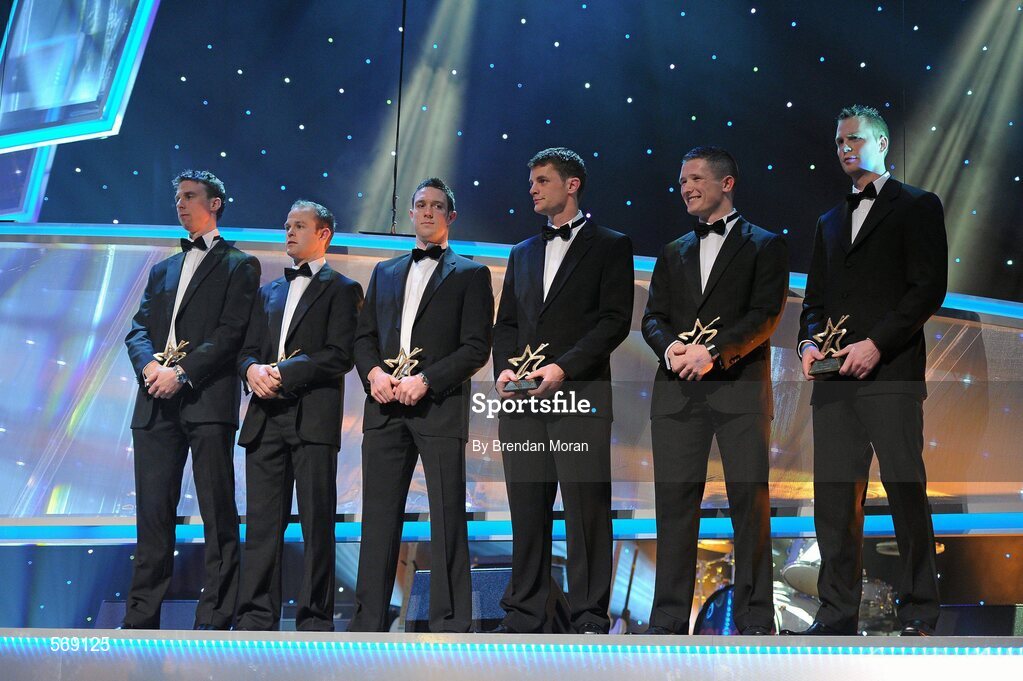 21 October 2011; Hurling award winners, from left, Brian Hogan, Kilkenny, Tommy Walsh, Kilkenny, Michael Cahill, Tipperary, Paul Curran, Tipperary, Paul Murphy, Kilkenny and Gary Maguire, Dublin, on stage at the GAA GPA All-Star Awards 2011 sponsored by Opel. National Convention Centre, Dublin. Picture credit: Brendan Moran / SPORTSFILE