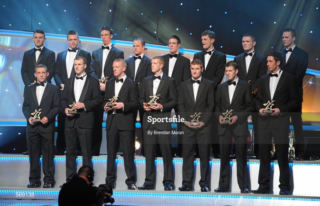 21 October 2011; The 2011 GAA GPA All Star hurling team, from left, Liam Rushe, Dublin, Richie Hogan, Kilkenny, Padraic Maher, Tipperary, Lar Corbett, Tipperary, Brian Hogan, Kilkenny, John Mullane, Waterford, Tommy Walsh, Kilkenny, Henry Shefflin, Kilkenny, Michael Cahill, Tipperary, Richie Power, Kilkenny, Paul Curran, Tipperary, Michael Rice, Kilkenny, Paul Murphy, Kilkenny, Michael Fennelly, Kilkenny and Gary Maguire, Dublin, at the GAA GPA All-Star Awards 2011 sponsored by Opel. National Convention Centre, Dublin. Picture credit: Brendan Moran / SPORTSFILE