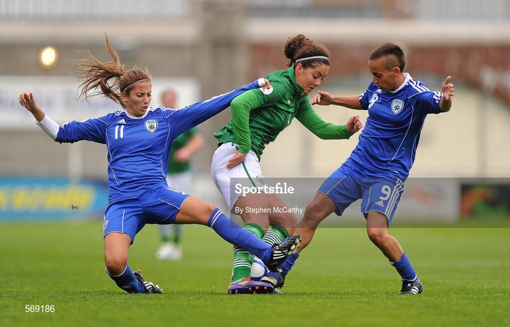 22 October 2011; Fiona O'Sullivan, Republic of Ireland, in action against Moran Fridman, left, and Adva Tavil, Israel. UEFA Women's Euro 2013 Qualifier, Republic of Ireland v Israel, Tallaght Stadium, Tallaght, Dublin. Picture credit: Stephen McCarthy / SPORTSFILE