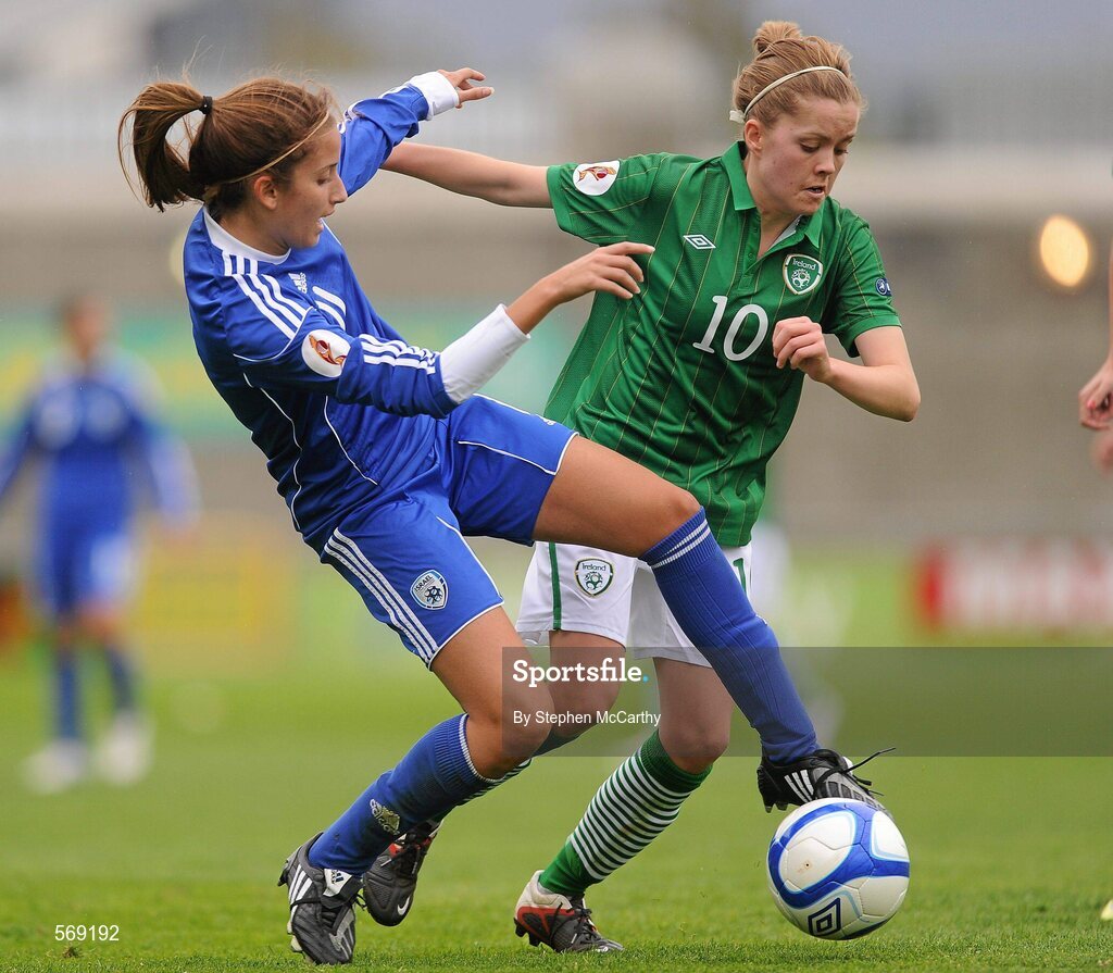 22 October 2011; Denise O'Sullivan, Republic of Ireland, in action against Moran Fridman, Israel. UEFA Women's Euro 2013 Qualifier, Republic of Ireland v Israel, Tallaght Stadium, Tallaght, Dublin. Picture credit: Stephen McCarthy / SPORTSFILE