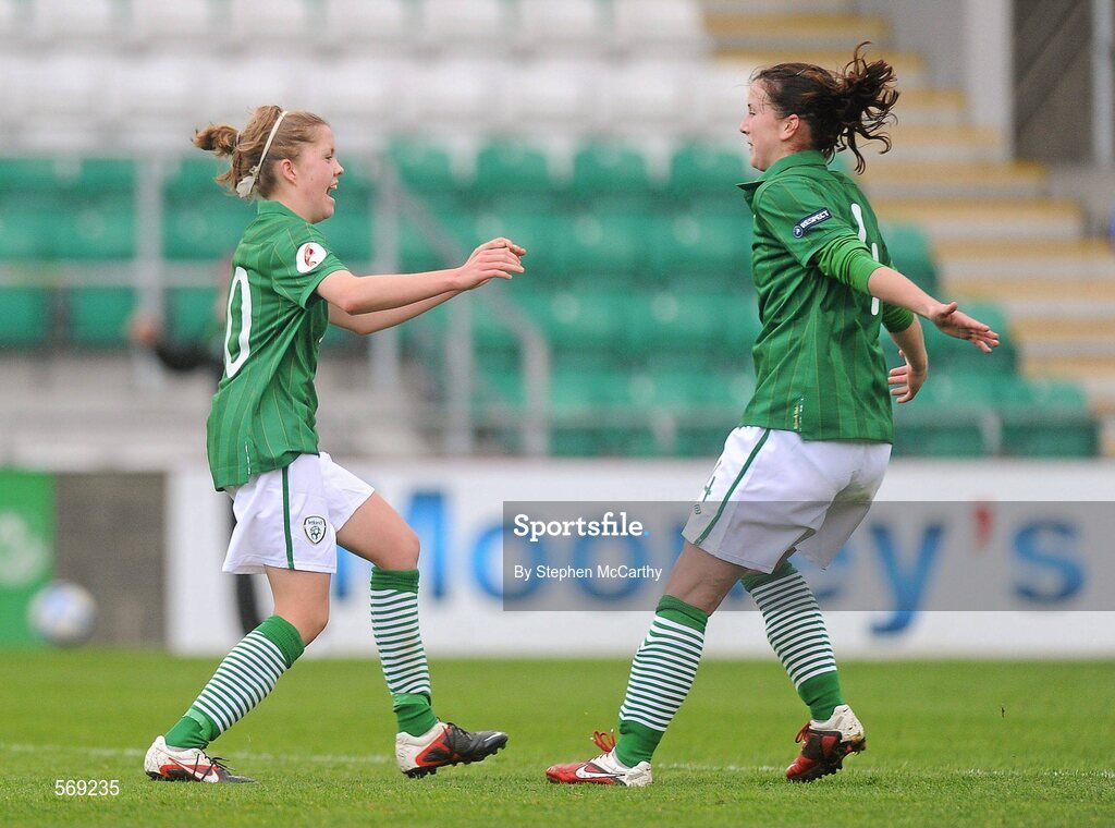 22 October 2011; Denise O'Sullivan, Republic of Ireland, left, celebrates with team-mate Niamh Fahey after scoring her side's first goal. UEFA Women's Euro 2013 Qualifier, Republic of Ireland v Israel, Tallaght Stadium, Tallaght, Dublin. Picture credit: Stephen McCarthy / SPORTSFILE
