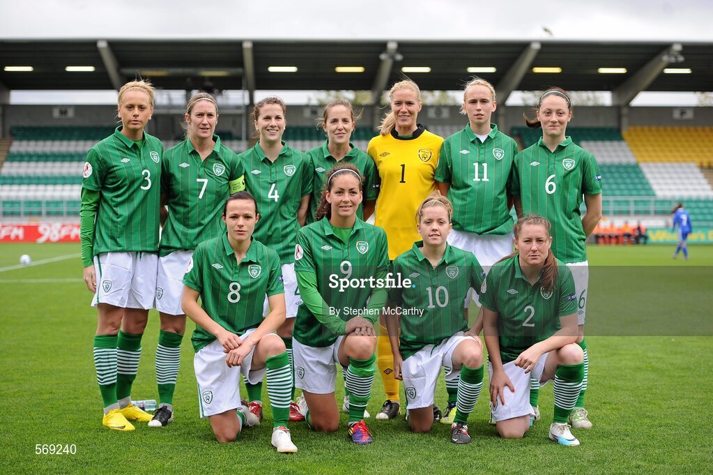 22 October 2011; The Republic of Ireland team. Back row, from left, Grace Murray, Ciara Grant, Niamh Fahey, Yvonne Tracy, Emma Byrne, Stephaine Roche, and Megan Campbell, with, front row, Áine O'Gorman, Fiona O'Sullivan, Denise O'Sullivan and Marie Curtin. UEFA Women's Euro 2013 Qualifier, Republic of Ireland v Israel, Tallaght Stadium, Tallaght, Dublin. Picture credit: Stephen McCarthy / SPORTSFILE