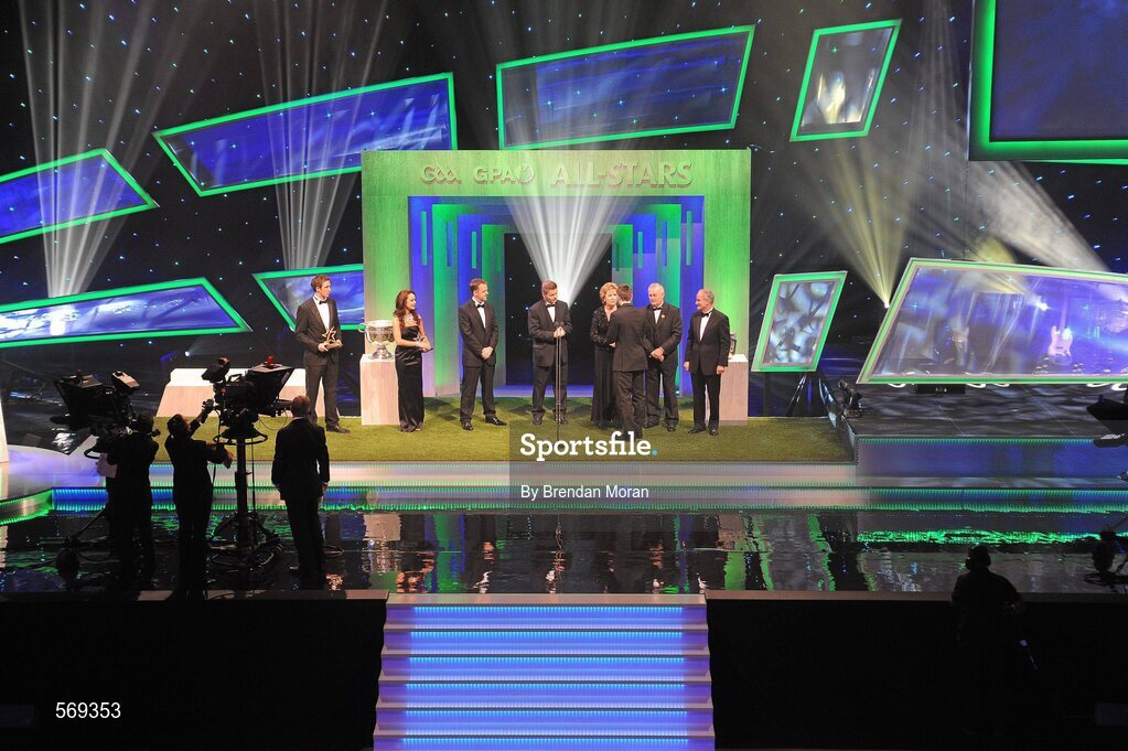 21 October 2011; Mayo footballer Cillian O'Connor is presented with the GAA GPA Young Footballer of the Year by President Mary McAleese, in the company of, from left, Dave Sheeran, Managing Director, Opel Ireland, Dessie Farrell, Chief Executive, GPA, Uachtarán CLG Criostóir Ó Cuana and Martin McAleese, at the GAA GPA All-Star Awards 2011 sponsored by Opel. National Convention Centre, Dublin. Picture credit: Brendan Moran / SPORTSFILE