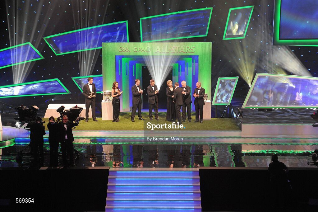 21 October 2011; Dublin footballer Alan Brogan is presented with the GAA GPA Footballer of the Year by President Mary McAleese, in the company of, from left, Dave Sheeran, Managing Director, Opel Ireland, Dessie Farrell, Chief Executive, GPA, Uachtarán CLG Criostóir Ó Cuana and Martin McAleese, at the GAA GPA All-Star Awards 2011 sponsored by Opel. National Convention Centre, Dublin. Picture credit: Brendan Moran / SPORTSFILE