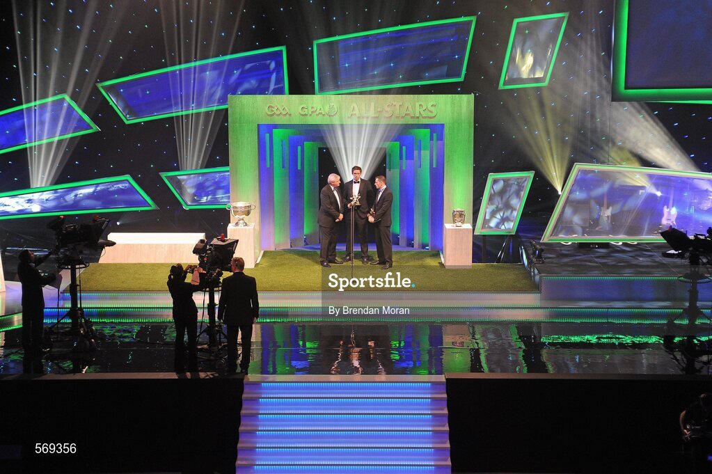 21 October 2011; GAA GPA Hurler of the Year Michael Fennelly, centre, from Kilkenny, and GAA GPA Footballer of the Year Alan Brogan, right, from Dublin are interviewed by Michael Lyster at the GAA GPA All-Star Awards 2011 sponsored by Opel. National Convention Centre, Dublin. Picture credit: Brendan Moran / SPORTSFILE