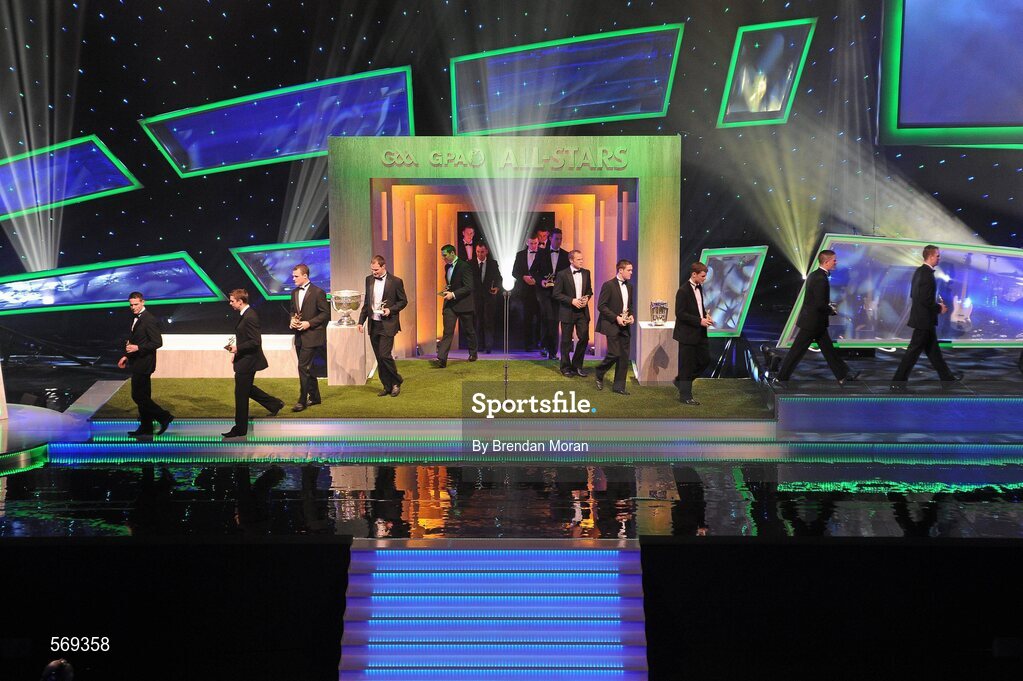 21 October 2011; The 30 GAA GPA All Star award winners, led by goalkeepers Stephen Cluxton, left, and Gary Maguire, both of Dublin, walk back onto the stage at the end of the ceremony, at the GAA GPA All-Star Awards 2011 sponsored by Opel. National Convention Centre, Dublin. Picture credit: Brendan Moran / SPORTSFILE