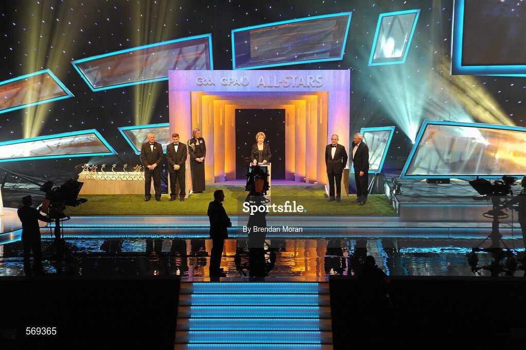 21 October 2011; President Mary McAleese, in the company of Uachtarán CLG Criostóir Ó Cuana, Dessie Farrell, Chief Executive of the GPA, Martin McAleese and Michael Lyster, at the GAA GPA All-Star Awards 2011 sponsored by Opel. National Convention Centre, Dublin. Picture credit: Brendan Moran / SPORTSFILE