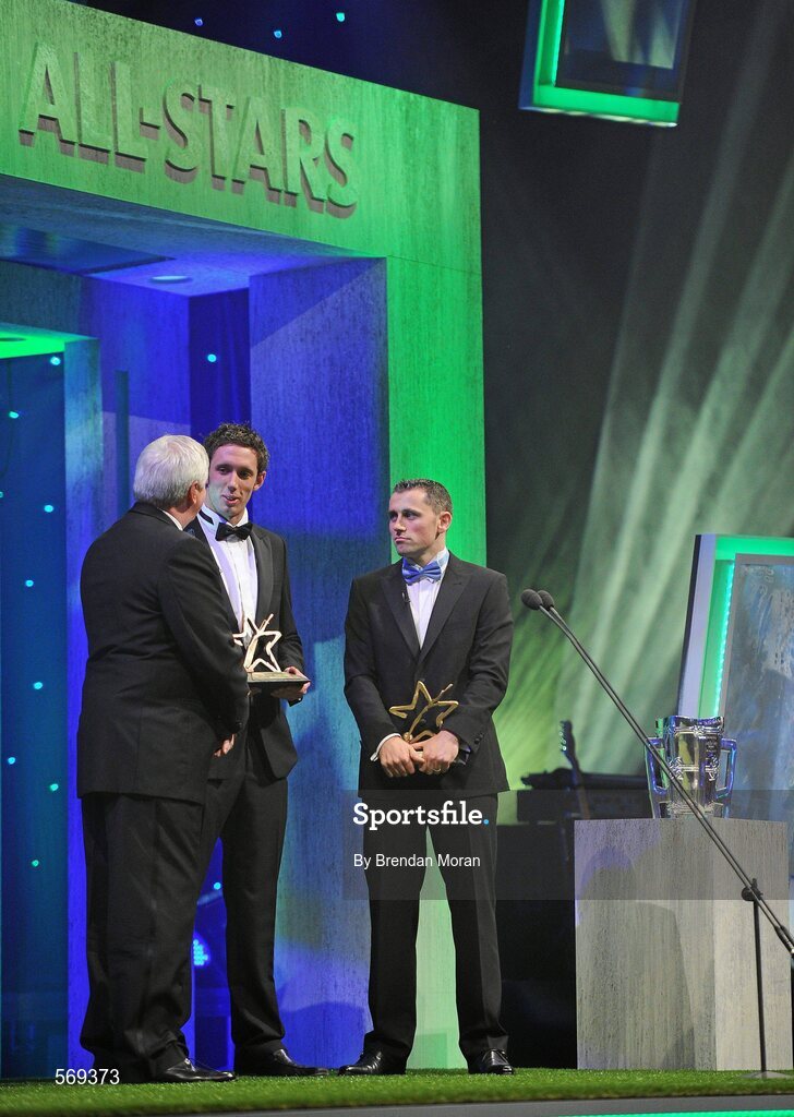 21 October 2011; GAA GPA Hurler of the Year Michael Fennelly, centre, from Kilkenny, and GAA GPA Footballer of the Year Alan Brogan, right, from Dublin are interviewed by Michael Lyster at the GAA GPA All-Star Awards 2011 sponsored by Opel. National Convention Centre, Dublin. Picture credit: Brendan Moran / SPORTSFILE