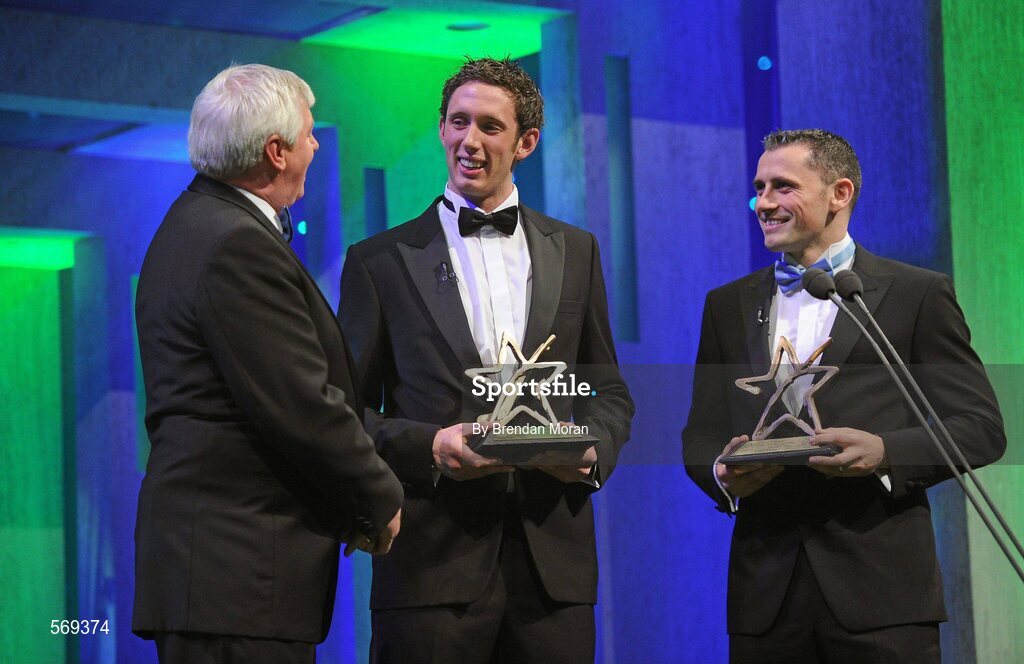 21 October 2011; GAA GPA Hurler of the Year Michael Fennelly, centre, from Kilkenny, and GAA GPA Footballer of the Year Alan Brogan, right, from Dublin are interviewed by Michael Lyster at the GAA GPA All-Star Awards 2011 sponsored by Opel. National Convention Centre, Dublin. Picture credit: Brendan Moran / SPORTSFILE