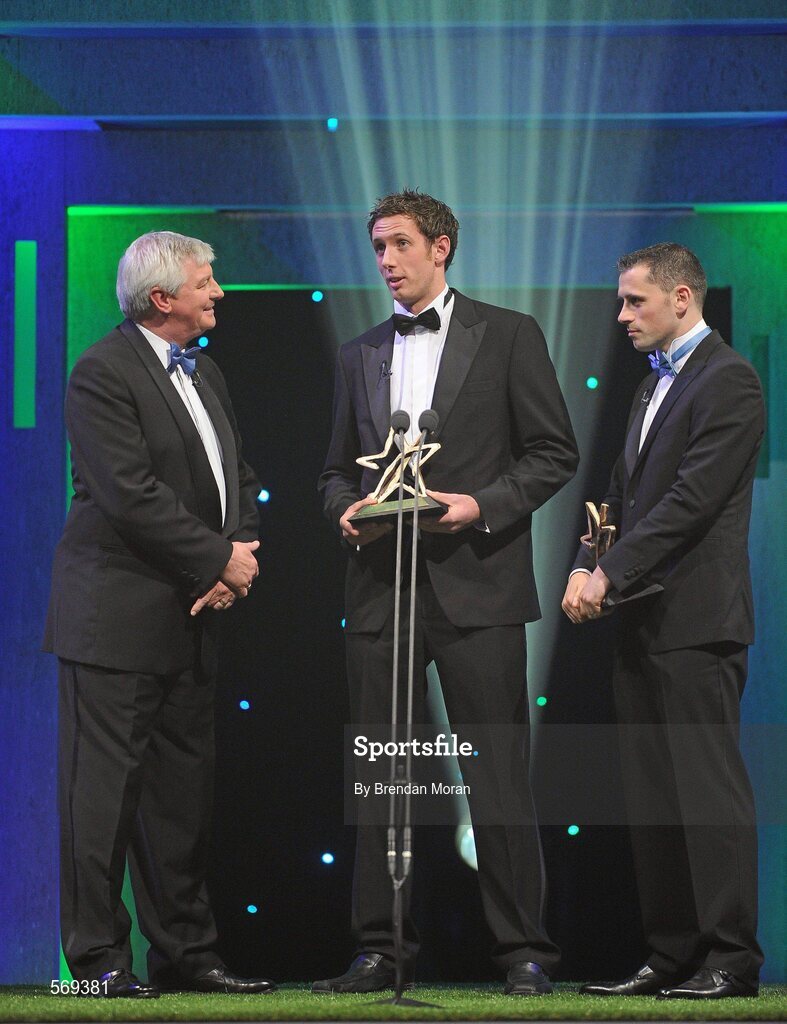 21 October 2011; GAA GPA Hurler of the Year Michael Fennelly, centre, from Kilkenny, and GAA GPA Footballer of the Year Alan Brogan, right, from Dublin are interviewed by Michael Lyster at the GAA GPA All-Star Awards 2011 sponsored by Opel. National Convention Centre, Dublin. Picture credit: Brendan Moran / SPORTSFILE