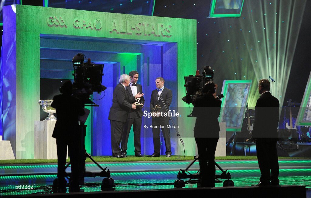 21 October 2011; GAA GPA Hurler of the Year Michael Fennelly, centre, from Kilkenny, and GAA GPA Footballer of the Year Alan Brogan, right, from Dublin are interviewed by Michael Lyster at the GAA GPA All-Star Awards 2011 sponsored by Opel. National Convention Centre, Dublin. Picture credit: Brendan Moran / SPORTSFILE