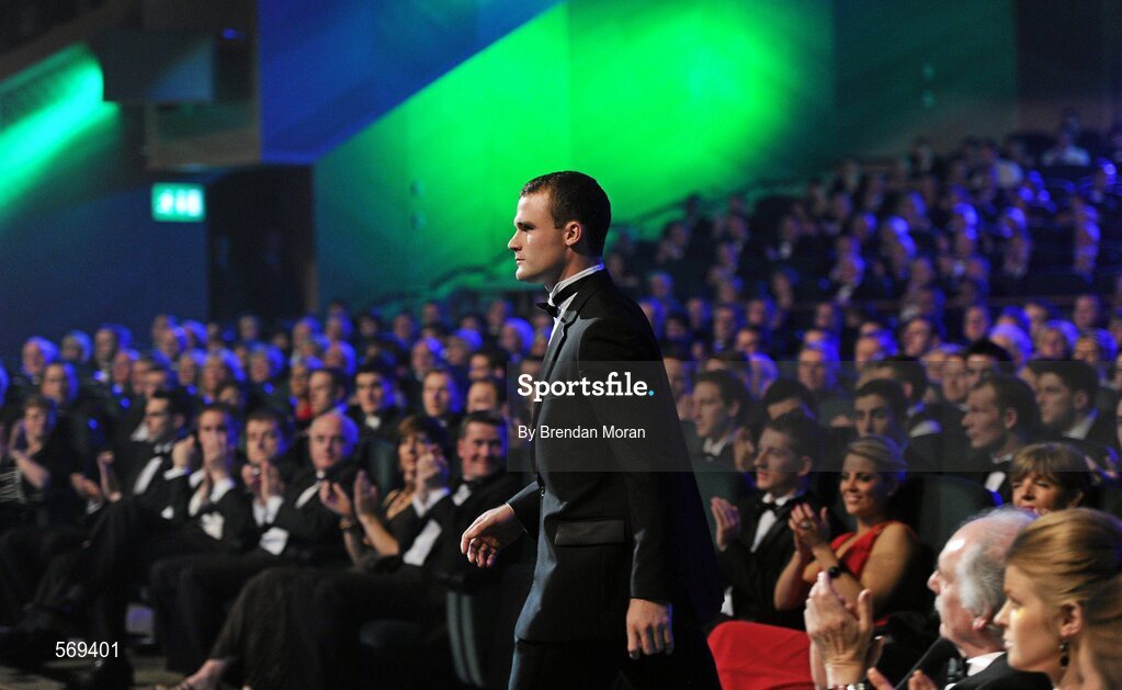 21 October 2011; Donegal footballer Neil McGee walks up to receive his award at the GAA GPA All-Star Awards 2011 sponsored by Opel. National Convention Centre, Dublin. Picture credit: Brendan Moran / SPORTSFILE