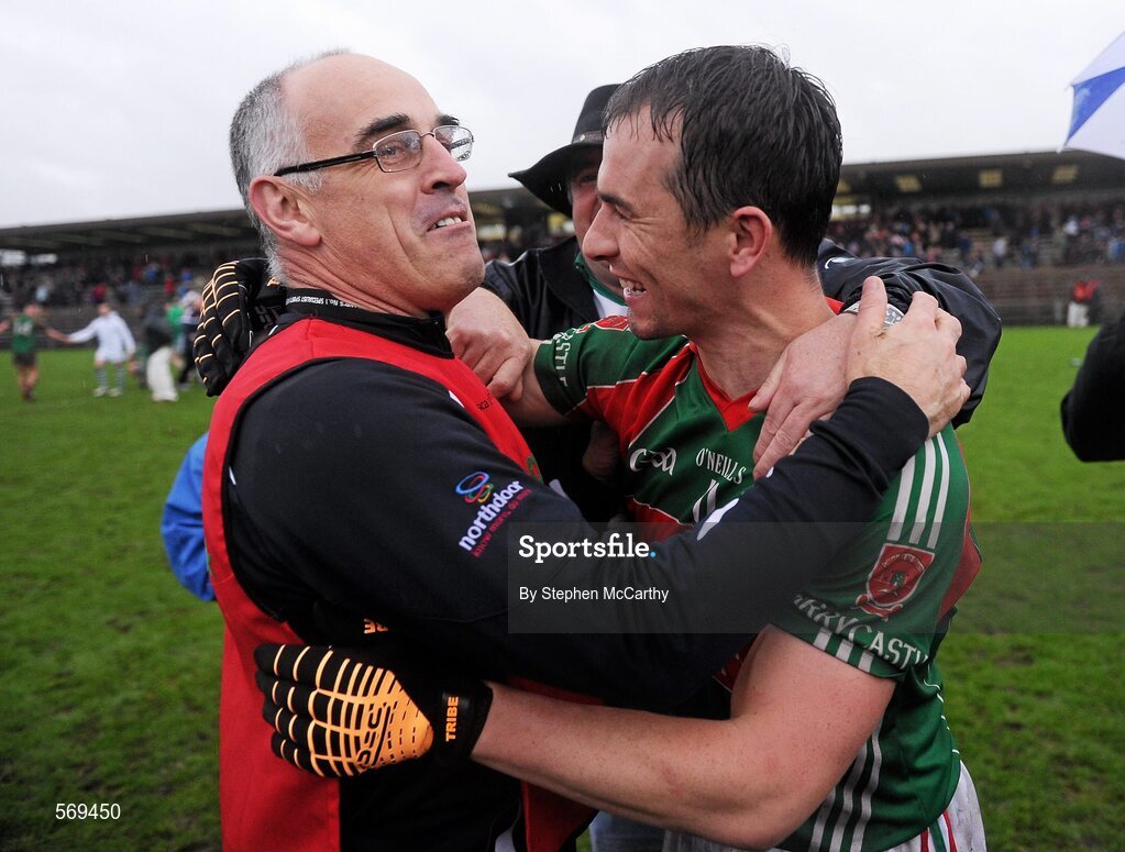 23 October 2011; Dessie Dolan, Garrycastle, celebrates with manager Anthony Cunningham. Westmeath County Senior Football Championship Final, Garrycastle v Mullingar Shamrocks, Cusack Park, Mullingar, Co. Westmeath. Picture credit: Stephen McCarthy / SPORTSFILE