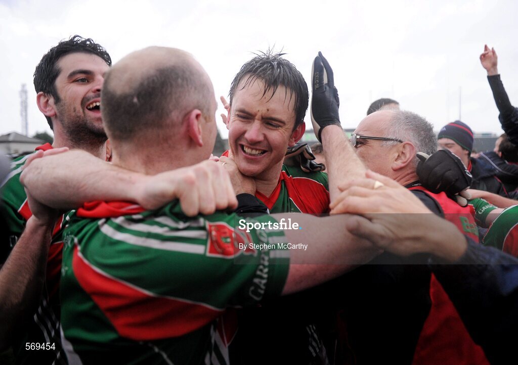 23 October 2011; Garrycastle players, including Eoin Mulvihill, centre, celebrate their side's victory. Westmeath County Senior Football Championship Final, Garrycastle v Mullingar Shamrocks, Cusack Park, Mullingar, Co. Westmeath. Picture credit: Stephen McCarthy / SPORTSFILE