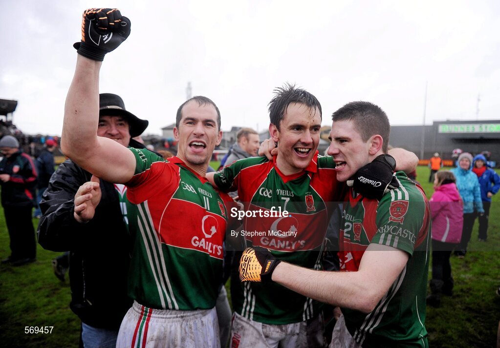 23 October 2011; Garrycastle players, from left, Dessie Dolan, Enda Mulvihill and James Dolan celebrate their side's victory. Westmeath County Senior Football Championship Final, Garrycastle v Mullingar Shamrocks, Cusack Park, Mullingar, Co. Westmeath. Picture credit: Stephen McCarthy / SPORTSFILE