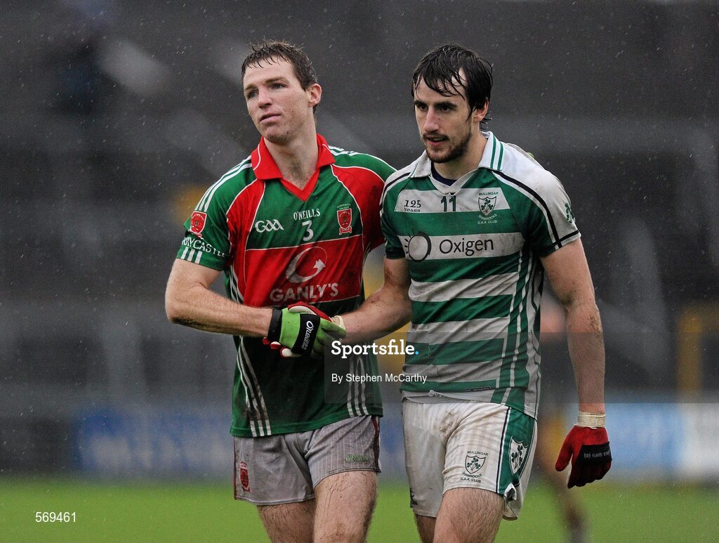 23 October 2011; John Caffrey, Garrycastle, left, shakes hands with Lorcan Smyth, Mullingar Shamrocks, after the game. Westmeath County Senior Football Championship Final, Garrycastle v Mullingar Shamrocks, Cusack Park, Mullingar, Co. Westmeath. Picture credit: Stephen McCarthy / SPORTSFILE