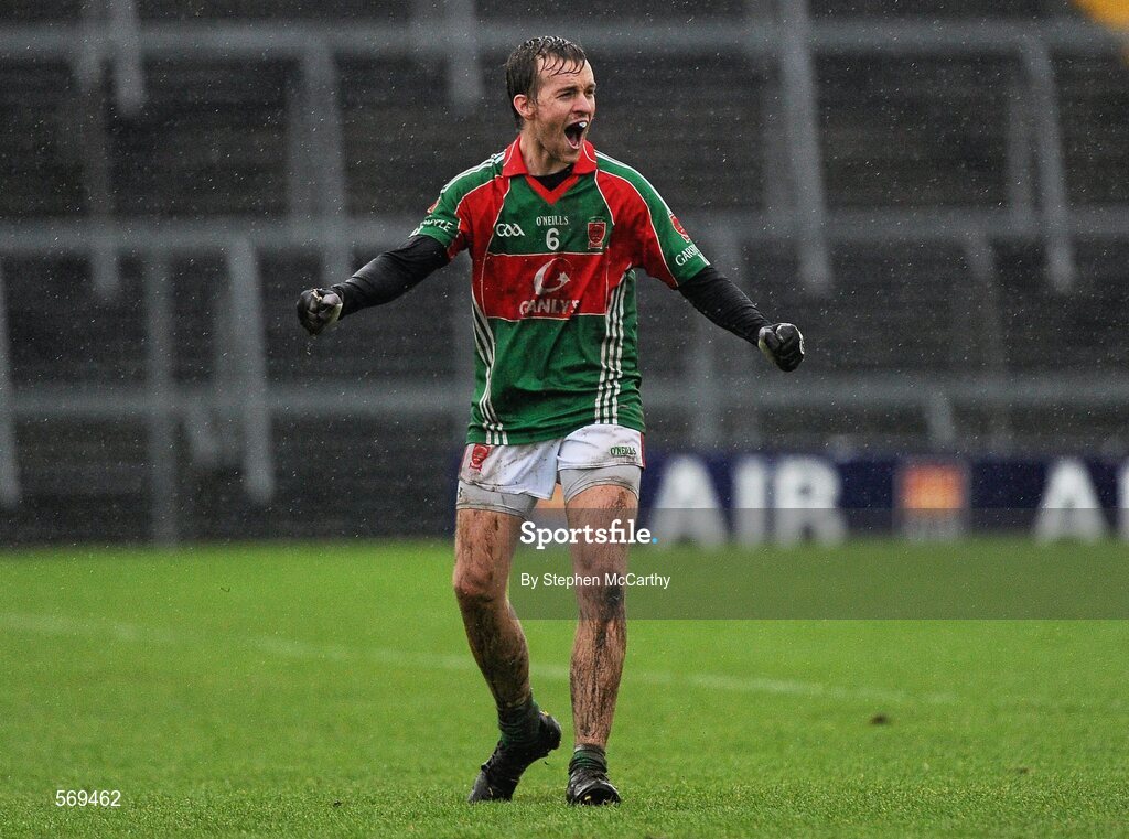 23 October 2011; Doran Harte, Garrycastle, celebrates at the final whistle. Westmeath County Senior Football Championship Final, Garrycastle v Mullingar Shamrocks, Cusack Park, Mullingar, Co. Westmeath. Picture credit: Stephen McCarthy / SPORTSFILE