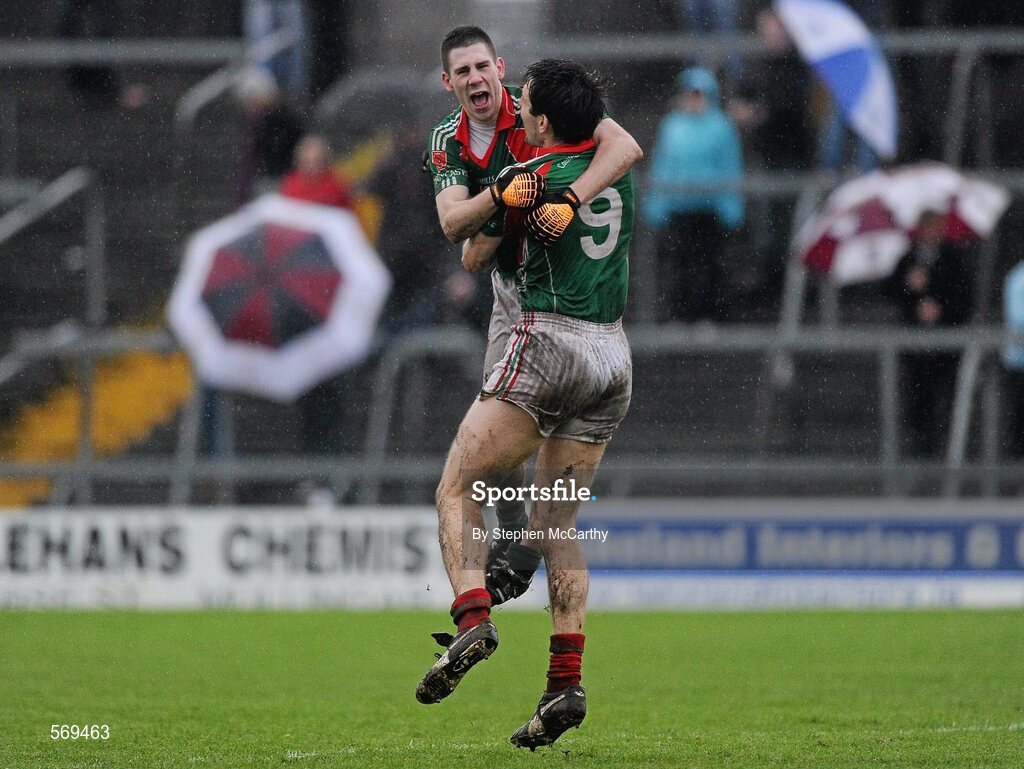 23 October 2011; James Dolan, left, and David O'Shaughnessy, Garrycastle, celebrate at the final whistle. Westmeath County Senior Football Championship Final, Garrycastle v Mullingar Shamrocks, Cusack Park, Mullingar, Co. Westmeath. Picture credit: Stephen McCarthy / SPORTSFILE