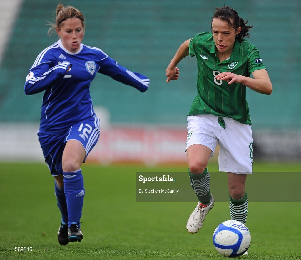 22 October 2011; Áine O'Gorman, Republic of Ireland, in action against Adi Stein, Israel. UEFA Women's Euro 2013 Qualifier, Republic of Ireland v Israel, Tallaght Stadium, Tallaght, Dublin. Picture credit: Stephen McCarthy / SPORTSFILE
