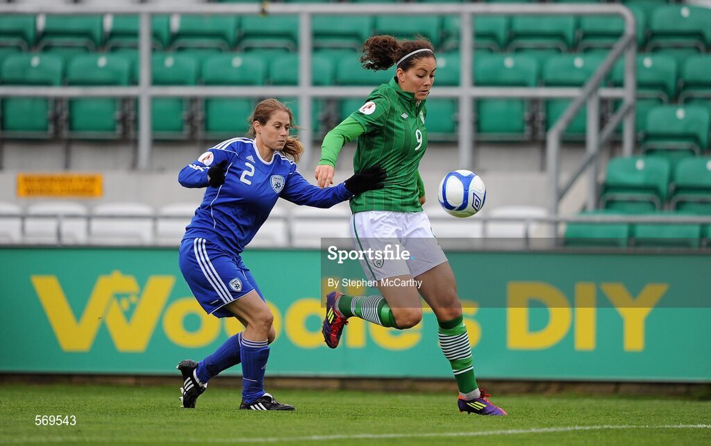 22 October 2011; Fiona O'Sullivan, Republic of Ireland, in action against Michal Ravitz, Israel. UEFA Women's Euro 2013 Qualifier, Republic of Ireland v Israel, Tallaght Stadium, Tallaght, Dublin. Picture credit: Stephen McCarthy / SPORTSFILE