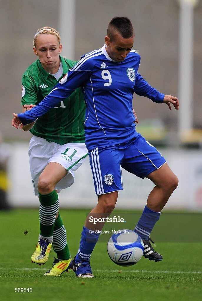 22 October 2011; Adva Tvil, Israel, in action against Stephaine Roche, Republic of Ireland. UEFA Women's Euro 2013 Qualifier, Republic of Ireland v Israel, Tallaght Stadium, Tallaght, Dublin. Picture credit: Stephen McCarthy / SPORTSFILE