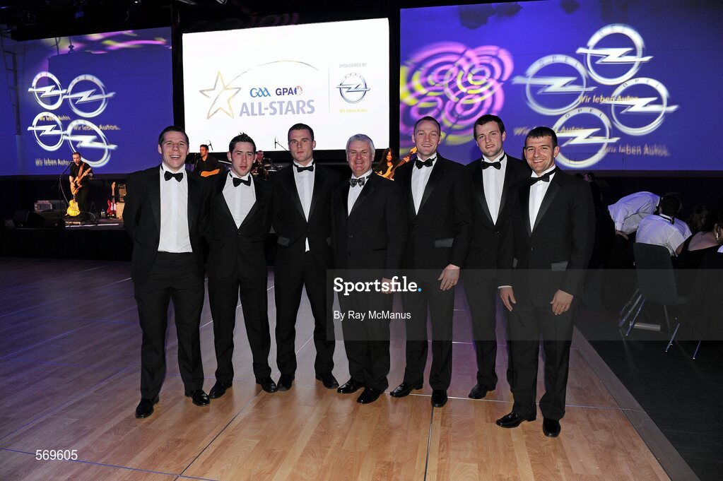 21 October 2011; Donegal footballers, from left, Kevin Cassidy, Mark McHugh, Neil McGee, Colm McFadden, Michael Murphy and Frank McGlynn, with Aogan Farrell, President of the Ulster Council, in attendance at the GAA GPA All-Star Awards 2011 sponsored by Opel. National Convention Centre, Dublin. Picture credit: Ray McManus / SPORTSFILE