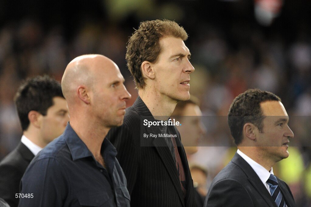 28 October 2011; Jim and Brian, left, Stynes stand for the National Anthem ahead of the game. International Rules 1st Test, Australia v Ireland, Etihad Stadium, Melbourne, Australia. Picture credit: Ray McManus / SPORTSFILE
