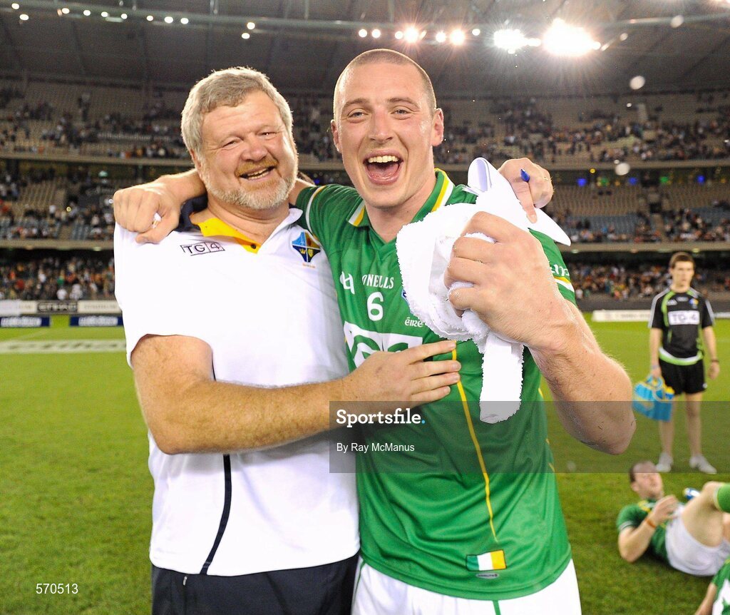 28 October 2011; Ireland selector Eoin 'Bomber' Liston and Kieran Donaghy celebrate after their side's 80 points to 36 victory over Australia in the first test. International Rules 1st Test, Australia v Ireland, Etihad Stadium, Melbourne, Australia. Picture credit: Ray McManus / SPORTSFILE
