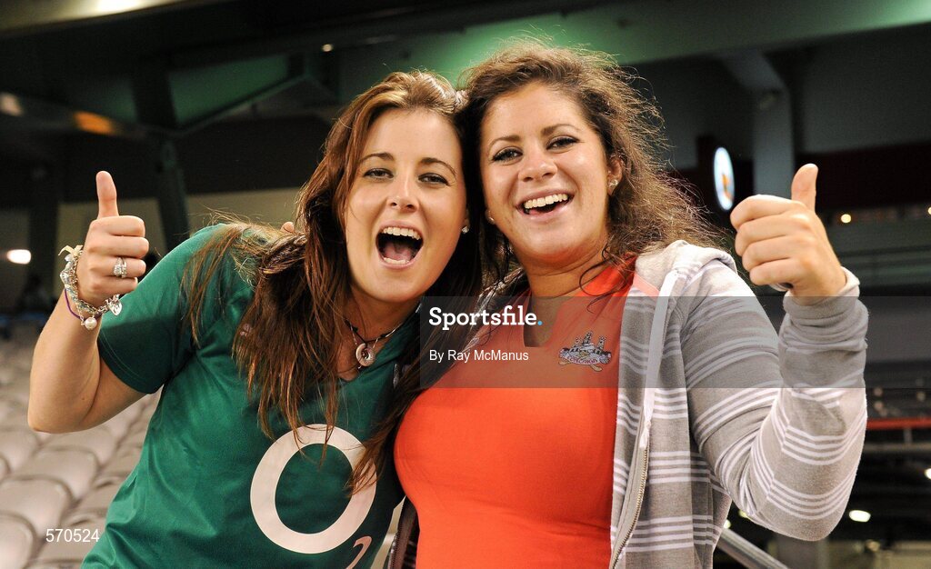 28 October 2011; Ireland supporters Catharina O'Leary, Eire Og , left, and Grace Walsh, Ballincollig, from Co. Cork, after the game. International Rules 1st Test, Australia v Ireland, Etihad Stadium, Melbourne, Australia. Picture credit: Ray McManus / SPORTSFILE