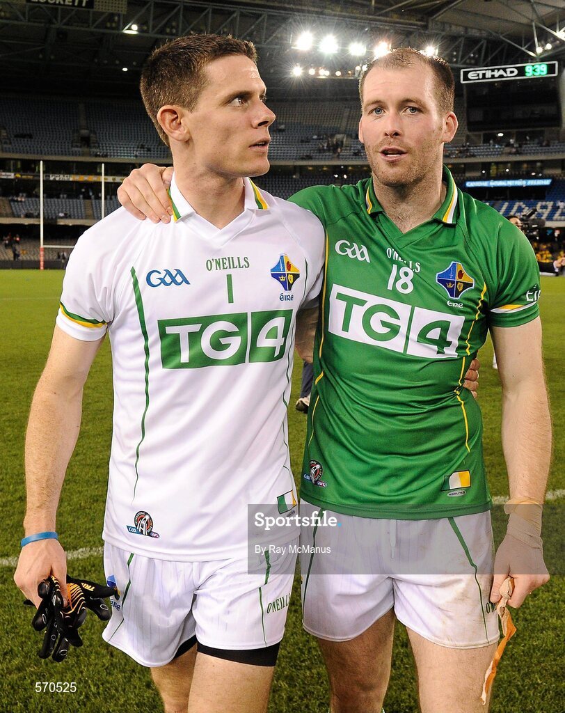 28 October 2011; The Ireland captain Stephen Cluxton and vice-captain Ciaran McKeever leave the field arm in arm. International Rules 1st Test, Australia v Ireland, Etihad Stadium, Melbourne, Australia. Picture credit: Ray McManus / SPORTSFILE