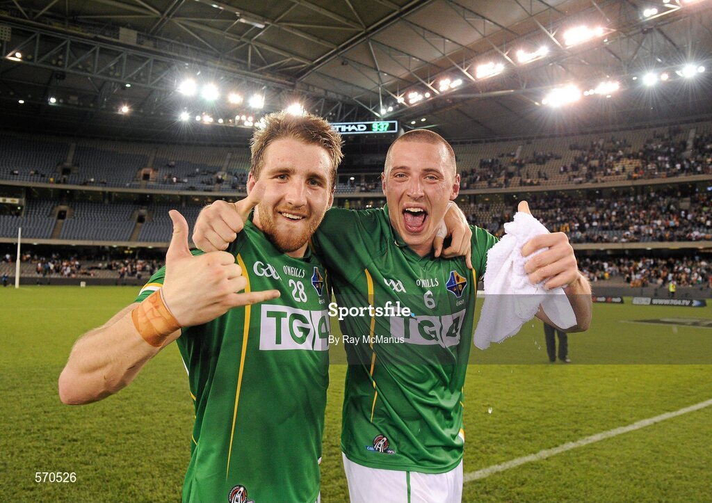 28 October 2011; Zac Tuohy, left, and Kieran Donaghy celebrate the Ireland win. International Rules 1st Test, Australia v Ireland, Etihad Stadium, Melbourne, Australia. Picture credit: Ray McManus / SPORTSFILE