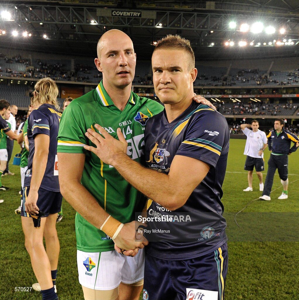 28 October 2011; Ireland's Tadhg Kennelly is congratulated by the Australian captain Brad Green after the game. International Rules 1st Test, Australia v Ireland, Etihad Stadium, Melbourne, Australia. Picture credit: Ray McManus / SPORTSFILE