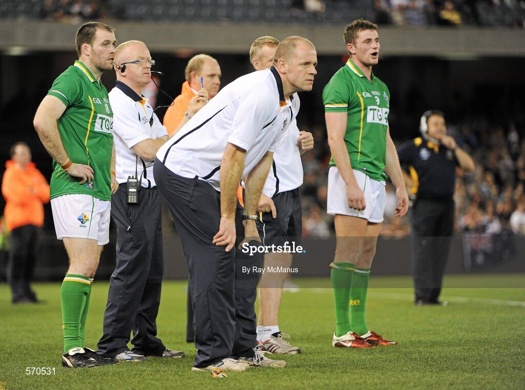 28 October 2011; The Ireland manager Anthony Tohill with Ciaran McKeever, to his left, and Parce Hanley, to his right. International Rules 1st Test, Australia v Ireland, Etihad Stadium, Melbourne, Australia. Picture credit: Ray McManus / SPORTSFILE