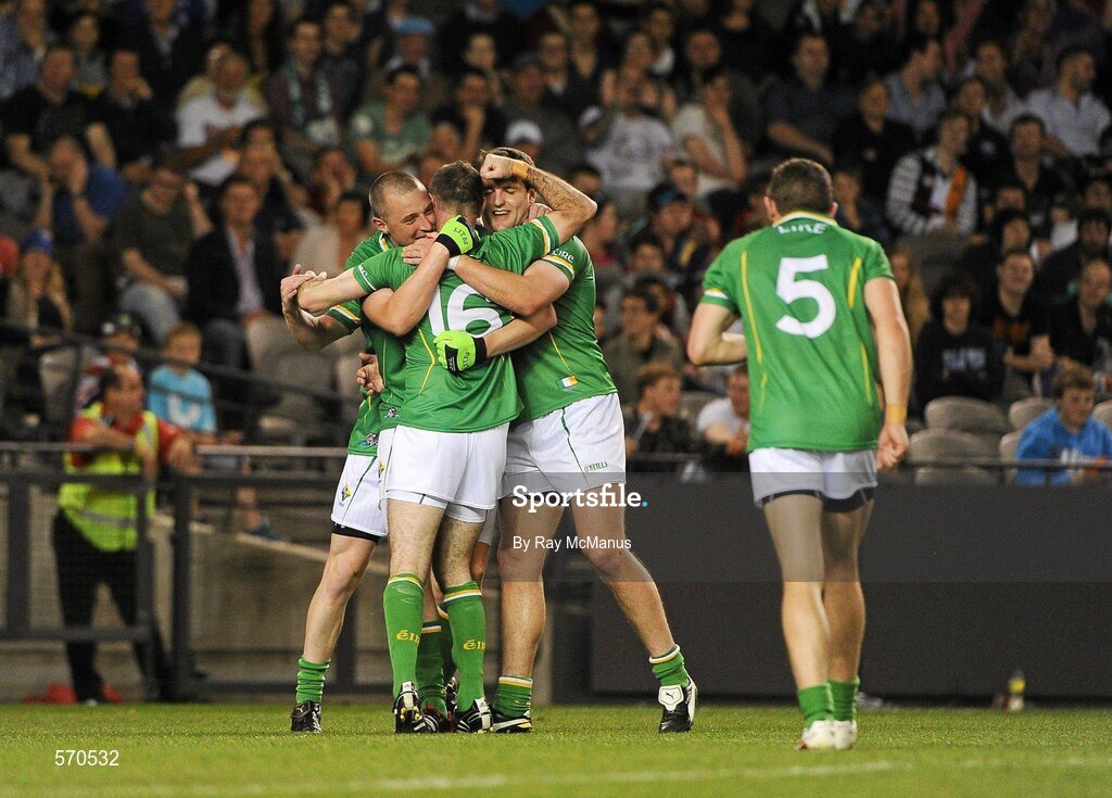 28 October 2011; Ireland's Steven McDonnell, 16, celebrates after scoring his side's goal with team-mates Kieran Donaghy, left, and Michael Murphy. International Rules 1st Test, Australia v Ireland, Etihad Stadium, Melbourne, Australia. Picture credit: Ray McManus / SPORTSFILE